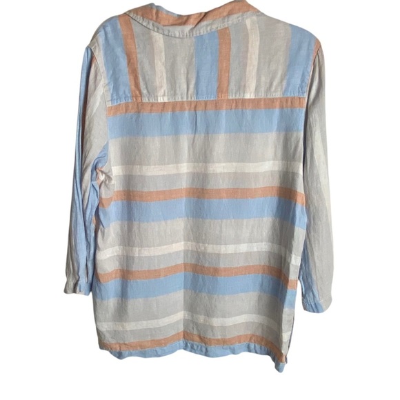 Cynthia Rowley Size Medium Pure Linen Striped Pop Over Blouse Stripes White Blue - Picture 2 of 7
